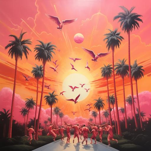 flying angels soccer team, pink sky, surreal painting, Los Angeles, Palm tree, sun rays, painting