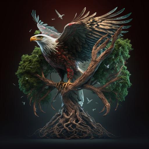 flying bald eagle with the American flag woven into it's wings and next the eagle is also is a flying red dragon with four legs and wings, underneath these beings are it is Yggdrasil the tree of life, a huge full ash tree, photo realistic, 4k