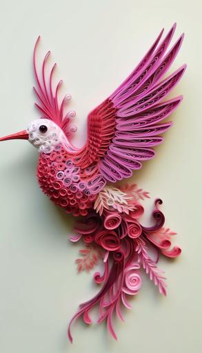 flying butterfly hummingbird , ribbons flowing, in the style of white and pink, sharp/prickly, kubisi art, magenta, sarah purser, animal figurines, tinkercore,quelling , paper quilling touch --s 350 --v 5.1 --ar 20:35 --upbeta --v 5
