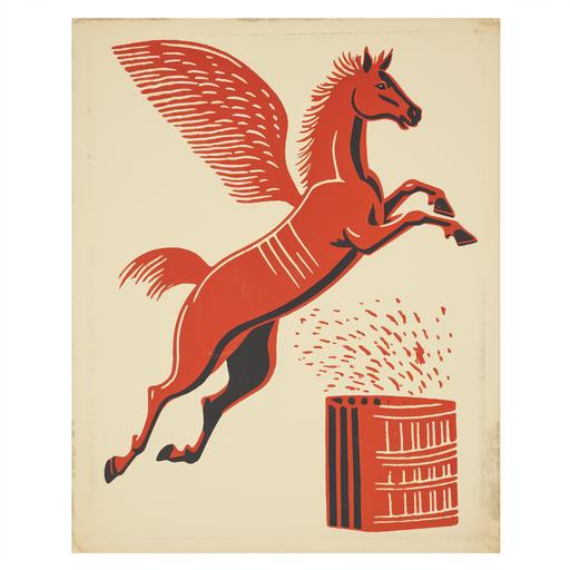 flying horse with both legs in the air carrying a big basket of grapes on his back, red ink, line engraving, intaglio by saul bass, winefield, italy in communism poster style, antique vintage matchbox label by saul bass
