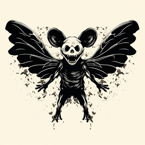 flying mighty mouse skeleton, stencil, black and white, no background
