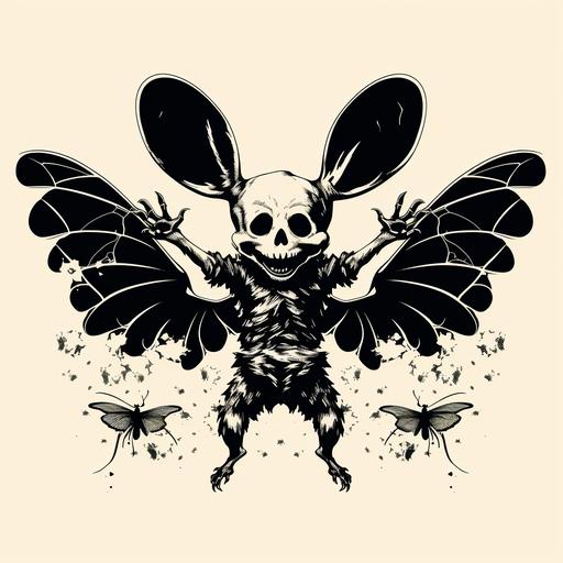 flying mighty mouse skeleton, stencil, black and white, no background