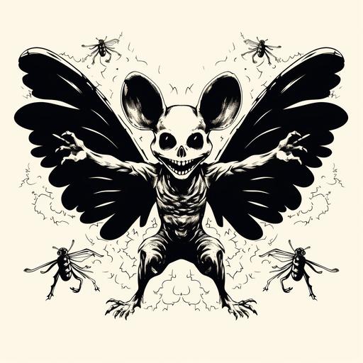 flying mighty mouse skeleton, stencil, black and white, no background