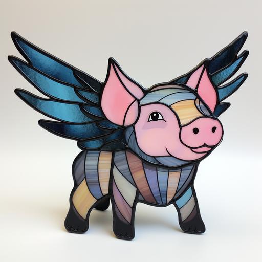 flying pig, comic style colourful, stained glass, side view, cutout, cute, black simple with wings