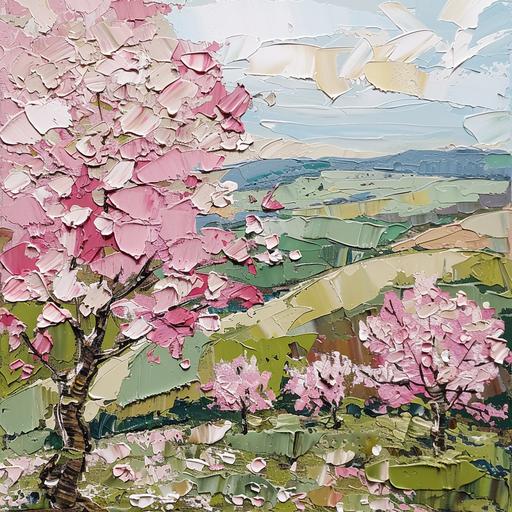 abstract landscape palette knife oil painting of pink and white cherry blossom trees, hills, distant horizon, muted atmospheric green hills