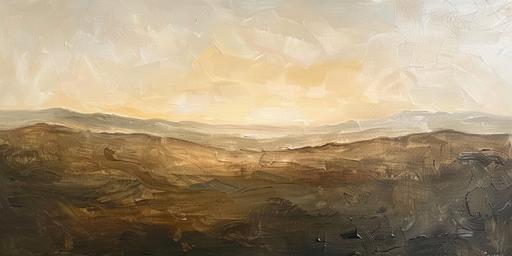 abstract palette knife oil painting, thick texture, many rolling hills to distant horizon, golden hour, sun in the clear sky, no clouds, colors golden ochre, muted olive green, grays, burnt sienna --ar 2:1