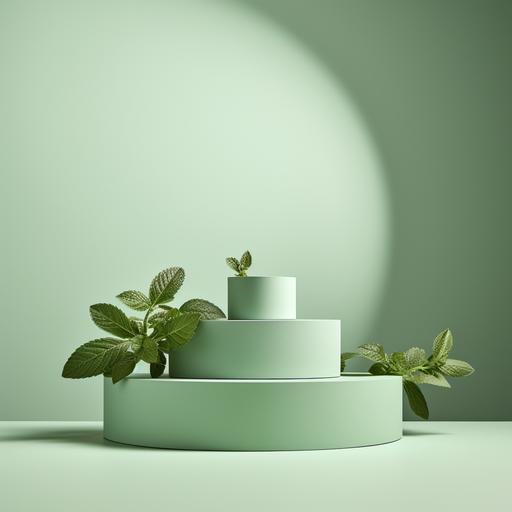 focus set up for product photography with differents levels of podiums, monochromic mint basil color, minimalistic, realistic.