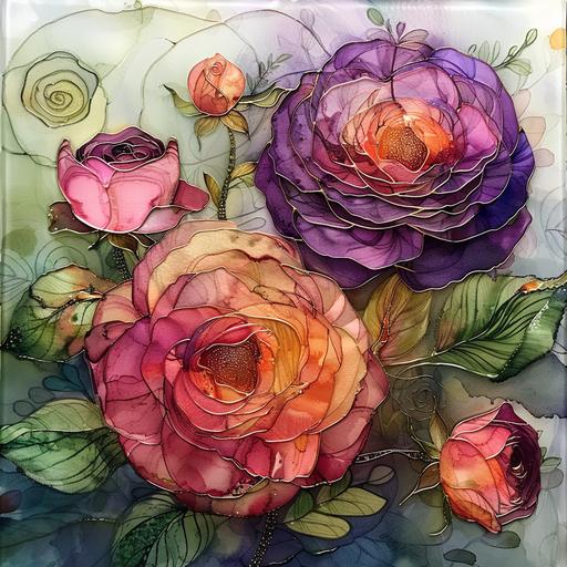 foil over glass , cabbage roses , natural colors , alcohol ink , watercolor , crop circles ,marjoire miller , rackham--v 6.0 --s 250