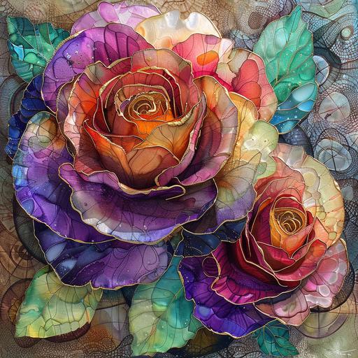 foil over glass , cabbage roses , natural colors , alcohol ink , watercolor , crop circles ,marjoire miller , rackham--v 6.0 --s 250