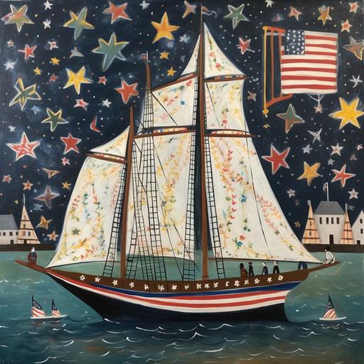 folk art painting of a sailboat decorated for the Fourth of July, style of Jane Wooster Scott, Mid-Atlantic Shoreline, 🎆, Americana, --v 5 --q 5