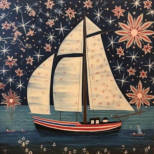 folk art painting of a sailboat decorated for the Fourth of July, style of Jane Wooster Scott, Mid-Atlantic Shoreline, 🎆, Americana, --q 5 --v 5.2