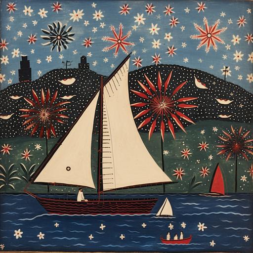 folk art painting of a sailboat decorated for the Fourth of July, style of Jane Wooster Scott, Mid-Atlantic Shoreline, 🎆, Americana, --q 5 --v 5.2