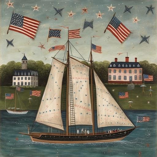 folk art painting of a sailboat decorated for the Fourth of July, style of Jane Wooster Scott, Mid-Atlantic Shoreline, 🎆, Americana, --v 5 --q 5