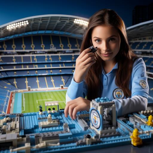 A young brunette female model, focused intently on assembling a large Lego set of Manchester City's iconic Etihad football stadium. She has straight medium brown hair and wire-frame glasses and is wearing Manchester City's new home jersey in vibrant sky blue featuring star player Erling Haaland's name and number on the back. On the front is Manchester City's club badge printed large. She has on matching sky blue shorts and leggings that show off her legs. In front of her, almost fully assembled, is the intricate, multicolored Lego model of the outside of the Etihad stadium, showing intricate brick detail including the curved blue exterior walls, arched entry gates, attached box seats, light posts within the parking lots, and more Manchester City blue and white branding elements throughout the build. The perspective angle looks downward, focused closely on her hands rapidly connecting Lego bricks to build up the stadium facade as she nears completing the challenging Lego set. The background is blurred but shows part of a bedroom decorated fully in Manchester City wall art, blankets, and collectibles. Digital illustration with crisp, smooth detail by ArtGerm and Greg Rutkowski.