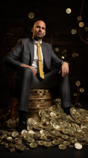 pep guardiola with thick golden necklace sitting on money --ar 9:16