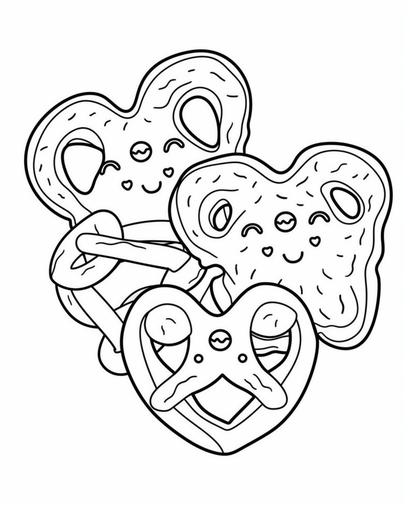 for a coloring book, cute kawaii, cartoon style, cute pretzels with fun patterns, simple line, no shading --ar 4:5 --v 5