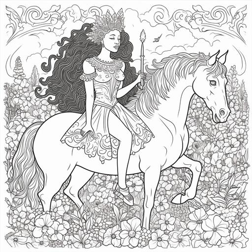 for a page in a coloring book. a young African princess riding a unicorn. The unicorn has a long flowing mane, and a magnificent horn on its head. The unicorn is the princess of the unicorns and serves as a guardian protector to the princess. The unicorn is standing in a field of grass and flowers of different varieties and there is trees and a huge mountain far off in the distace. Image should be for easy to color, coloring book style, highly detailed and easy for children or adults to color every detail. Make Image able to fit on 8x10 page. --v 5