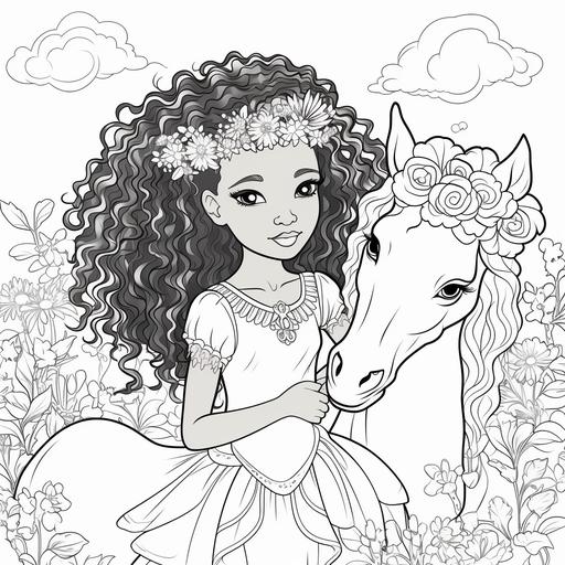for a page in a coloring book. a young African princess riding a unicorn. The unicorn has a long flowing mane, and a magnificent horn on its head. The unicorn is the princess of the unicorns and serves as a guardian protector to the princess. The unicorn is standing in a field of grass and flowers of different varieties and there is trees and a huge mountain far off in the distace. Image should be for easy to color, coloring book style, highly detailed and easy for children or adults to color every detail. Make Image able to fit on 8x10 page. --v 5.2