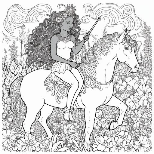 for a page in a coloring book. a young African princess riding a unicorn. The unicorn has a long flowing mane, and a magnificent horn on its head. The unicorn is the princess of the unicorns and serves as a guardian protector to the princess. The unicorn is standing in a field of grass and flowers of different varieties and there is trees and a huge mountain far off in the distace. Image should be for easy to color, coloring book style, highly detailed and easy for children or adults to color every detail. Make Image able to fit on 8x10 page. --v 5