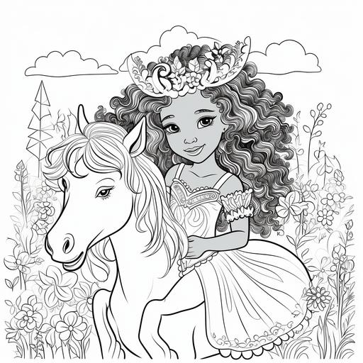 for a page in a coloring book. a young African princess riding a unicorn. The unicorn has a long flowing mane, and a magnificent horn on its head. The unicorn is the princess of the unicorns and serves as a guardian protector to the princess. The unicorn is standing in a field of grass and flowers of different varieties and there is trees and a huge mountain far off in the distace. Image should be for easy to color, coloring book style, highly detailed and easy for children or adults to color every detail. Make Image able to fit on 8x10 page. --v 5.2