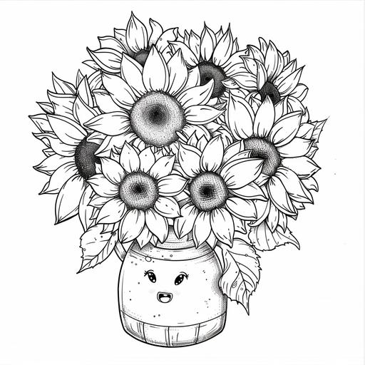 for coloring book a cute vase of 15 sunflowers of Vanghog no color no shadow background low detail, heavy outlined in chibi style