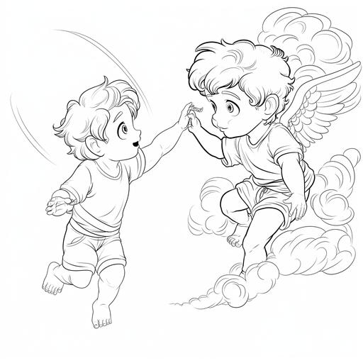 for coloring book version of the creation of Adam by Michaelangelo in very cute chibi /kawaii style wearin jeans and t shirt no color no shadow background low detail, heavy outlined --v 6.0