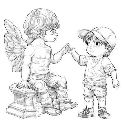 for coloring book version of the creation of Adam by Michaelangelo in very cute chibi /kawaii style wearin jeans and t shirt no color no shadow background low detail, heavy outlined