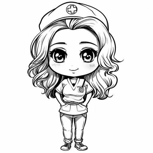 for coloring book version of the nurse, by roy lichtenstein just portrait in very cute chibi /kawaii style wearin jeans and t shirt no color no shadow background low detail, heavy outlined