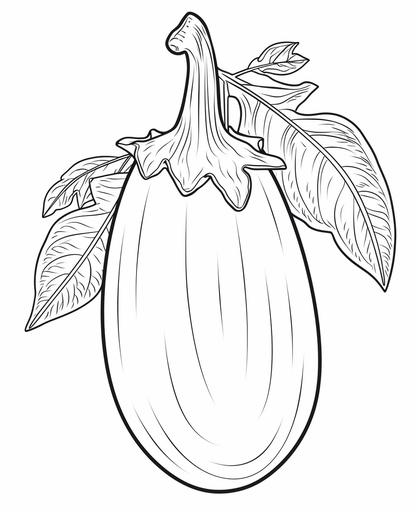 for coloring book with crisp lines, nice realistish eggplant in garten, cartoon style, thick lines, low Detail, Black and white, no shading, --ar 9:11 --v 5