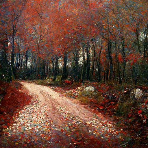 forest in autumn, red leaves, gravel road