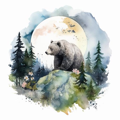 forest, moon, birds, trees, woodland baby bear, mountain, water colors with white background