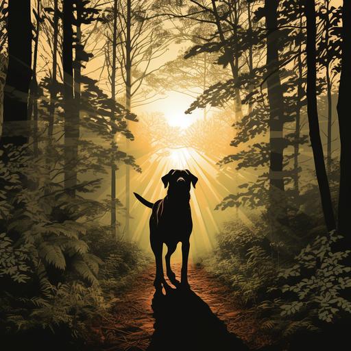 forest silhouette with lab dog on a path with sun stencil