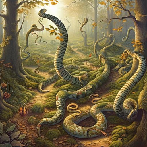 forest snakes , funny, cartoon, allegory, fantasy, futuristic, illusion --q 1 --v 5