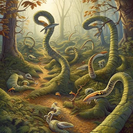 forest snakes , funny, cartoon, allegory, fantasy, futuristic, illusion --q 1 --v 5