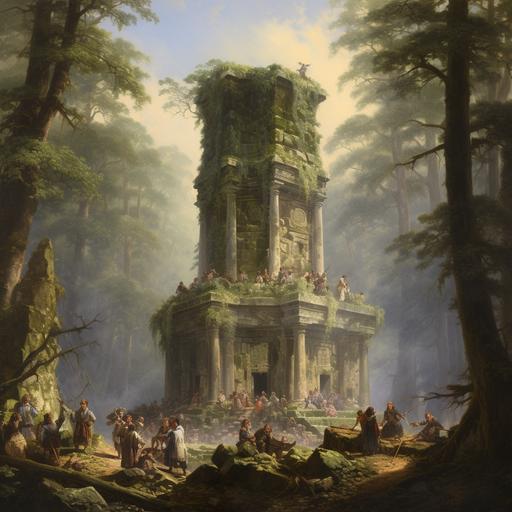 forest temple of bacchus, with people praying for the statue of bacchus, making offerings
