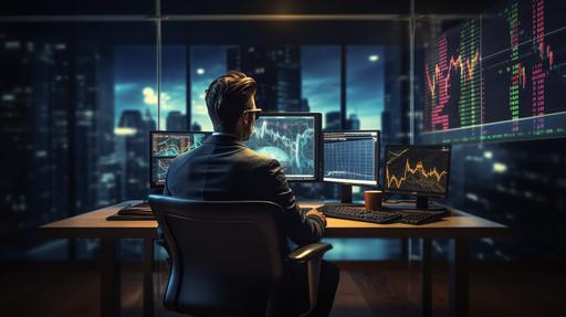 forex trader, with 3 motinors, trading, chart's, with dollars on the desk, realistic, --ar 16:9