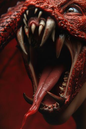 forked tongue, she devil, tongue sticking out of screaming mouth, fangs of the Loong Dragon tooth --ar 2:3 --v 6.0