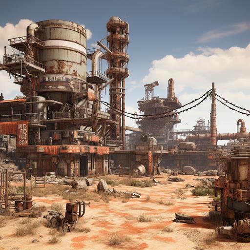 fortified fuel refinery village in a mad max wasteland landscape, perimeter wall and guard towers, post apocalypse survival game art