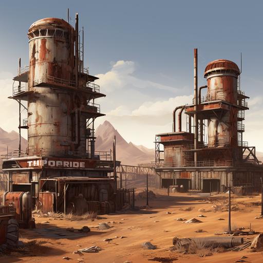 fortified fuel refinery village in a mad max wasteland landscape, perimeter wall and guard towers, post apocalypse survival game art