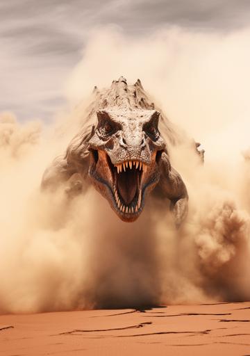 fossilized turok dinosaur running through kenia desert surrounded by smokey sands , infrared photography --ar 7:10