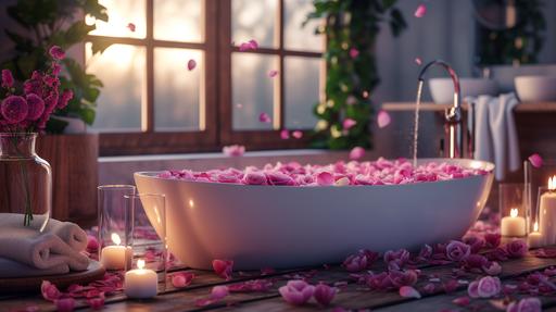 foto profesional realista, escena profesionalmente preparada en un cuarto de bano de lujo, banera preparada para san Valentin, petalos de rosa, romantico, --ar 16:9 --v 6.0