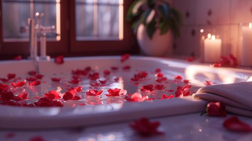 foto profesional realista, escena profesionalmente preparada en un cuarto de bano de lujo, banera preparada para san Valentin, petalos de rosa, romantico, --ar 16:9 --v 6.0