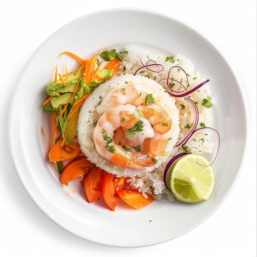 foto realista comida peruana, fondo blanco, plato peruano causa rellena de camarone, foto detallada, foodie