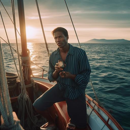 foto realista con una luz mas de atardecer y un fondo donde se pueden ver mas acantilados y un agua mas turquesa tambien se encuentra otro hombre en la cubierta del barco estan jugando a un juego de tirar una moneada cara o cruz --v 5 --s 750