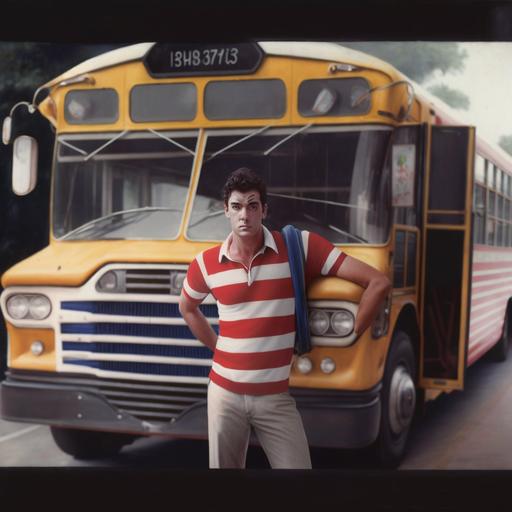 foto realista de un hombre con polo rayas rojas y rayas blancas parado al lado izquierdo del bus al costado de la llanta del bus escolar. El hombre se apoya del auto con un brazo. El bus tiene banderin rombico delante.calidad 8k