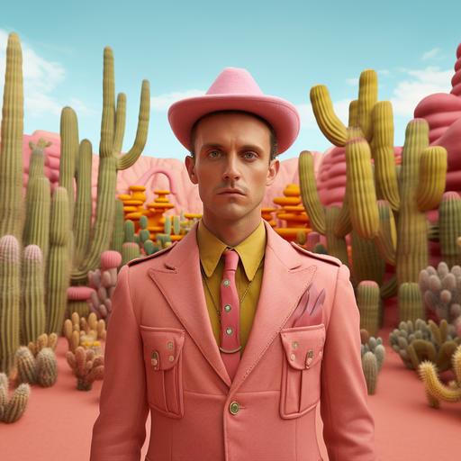 fotografia 4k con estilo wes anderson ,colores rosados, en el desierto con una escultura de plastico de muchos colores
