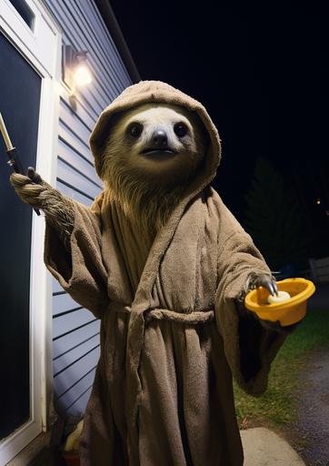found footage of a sloth in sloth wizard bathrobe and pointy wizard hat caught on camera as he savagely eats trash out of the garbage in front of somebody's garage door, night, suburbia, found footage, HD, 4k, surreal comedy --ar 5:7 --v 5.2