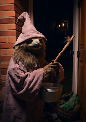 found footage of a sloth in sloth wizard bathrobe and pointy wizard hat caught on camera as he savagely eats trash out of the garbage in front of somebody's garage door, night, suburbia, found footage, HD, 4k, surreal comedy --ar 5:7 --v 5.2
