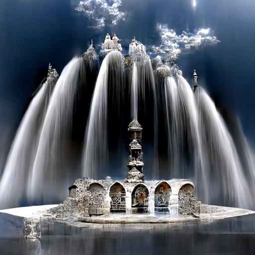 fountain and waterfall designed by escher , generous blue water is reflecting sun rays , white stone, water flows, both antique byzantin architecture and modern conception, a few steampunk black and white component