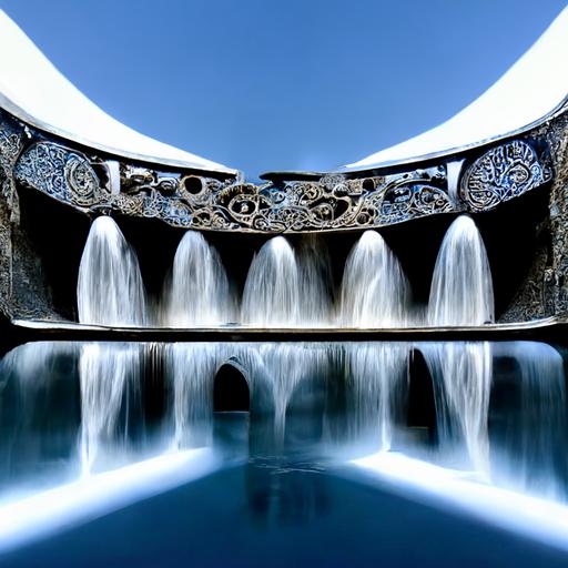 fountain and waterfall designed by escher , generous blue water is reflecting sun rays , white stone,  water flows, both antique byzantin architecture and modern conception, a few steampunk black and white component